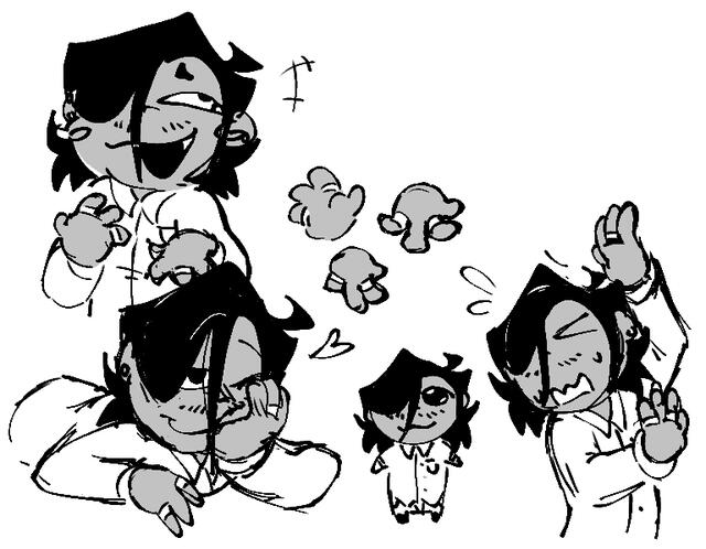 A doodle sheet of a singular character drawn differently each time.