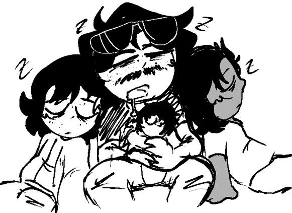 A doodle of "The Mandela Catalogue" characters (Mark Heathcliff, a baby Sarah Heathcliff, Dave Lee, and Cesar Torres) from a The Mandela Catalogue AU called "Alternative Fates" asleep together.