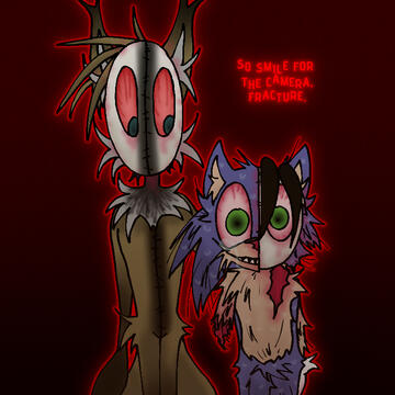 A fully colored and shaded drawing of a tall fox holding a small hedgehog's head, both looking bloody.