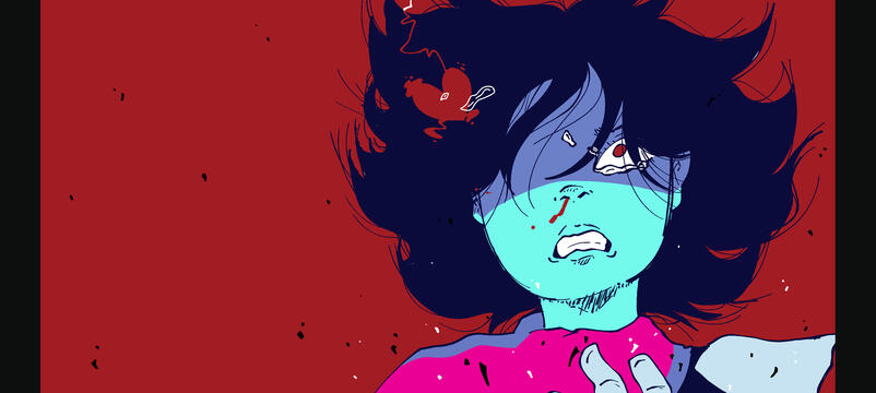 A fully colored drawing of Kris Dreemur with a nosebleed, looking alarmed as their hair and particles float around them.