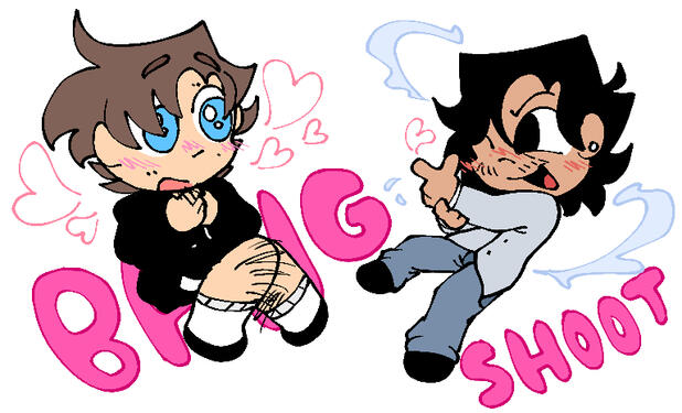 A drawing with full colors featuring OCs, Matt on the left and Cruz on the right, with Matt looking amazed as Cruz finger guns his heart.