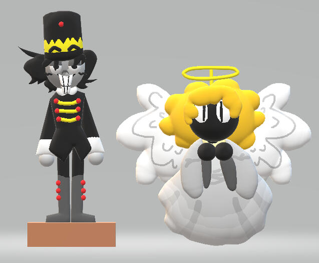 A screenshot of two Paint 3D models, the one on the left being Cesar Torres and the one on the right being Gabriel from The Mandela Catalogue, Cesar dressed as a nutcracker while Gabriel looks like an angel ornament.